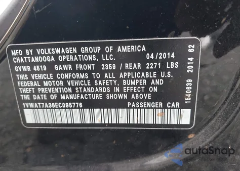 2014 Volkswagen Passat 1.8T Wolfsburg Edition from USA, damaged, VIN 1VWAT7A36EC095776